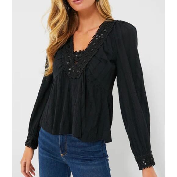 SEA New York Black Embroidered Charlotte Long Sleeve Top NWT Small - Picture 1 of 6